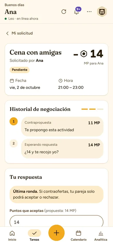 Detalle de una actividad con la contraoferta de la pareja