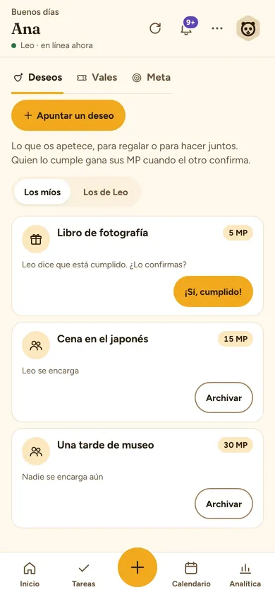 Pantalla de Deseos con los deseos de la pareja