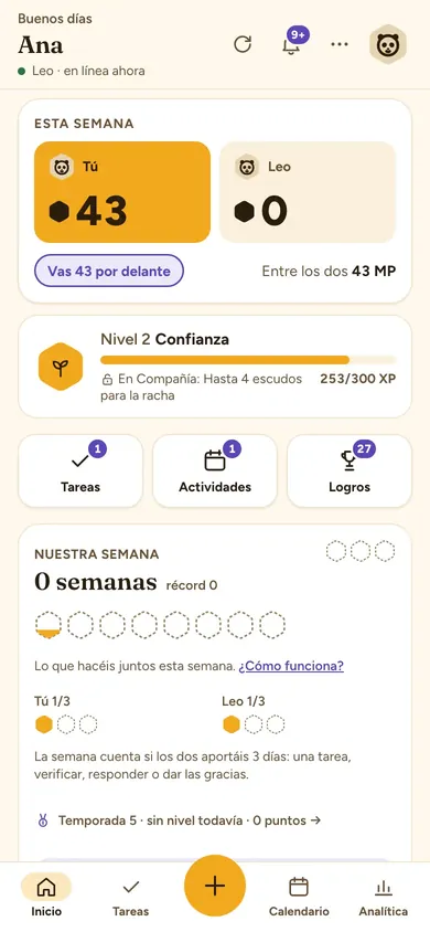 Inicio de Favokin: el saldo de los dos y la tarjeta de la semana