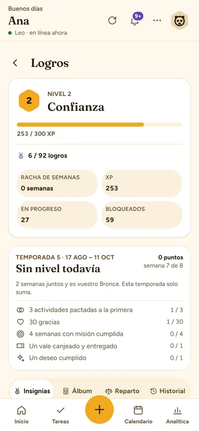 Pantalla de Logros con el nivel de la pareja y su barra de XP