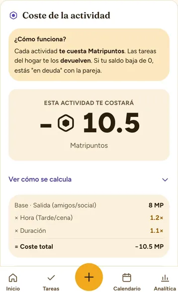 Coste de una actividad con el desglose de cómo se calcula