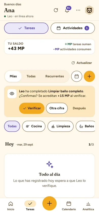 Pantalla de Tareas con una tarea de la pareja esperando verificación